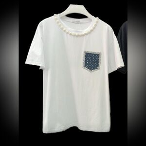 White T-Shirt with Rhinestone Embellished Denim Pocket, Pearl neckline